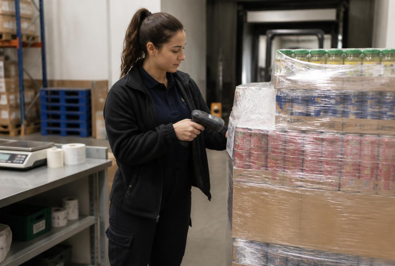 Colaboradora conferindo o recebimento de mercadorias com coletor de código de barras em supermercado