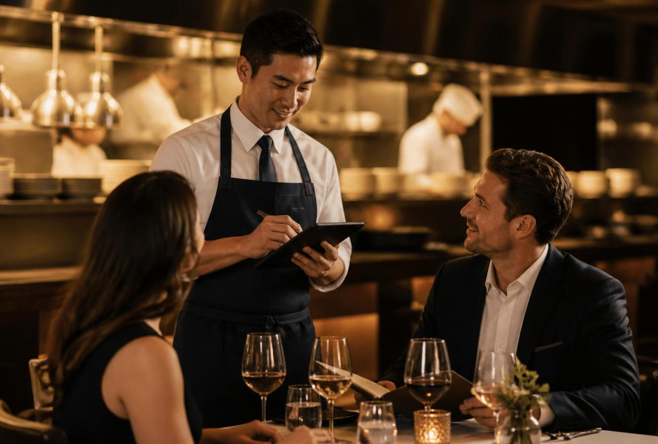 Garçom lançando o pedido em tablet na mesa de um restaurante