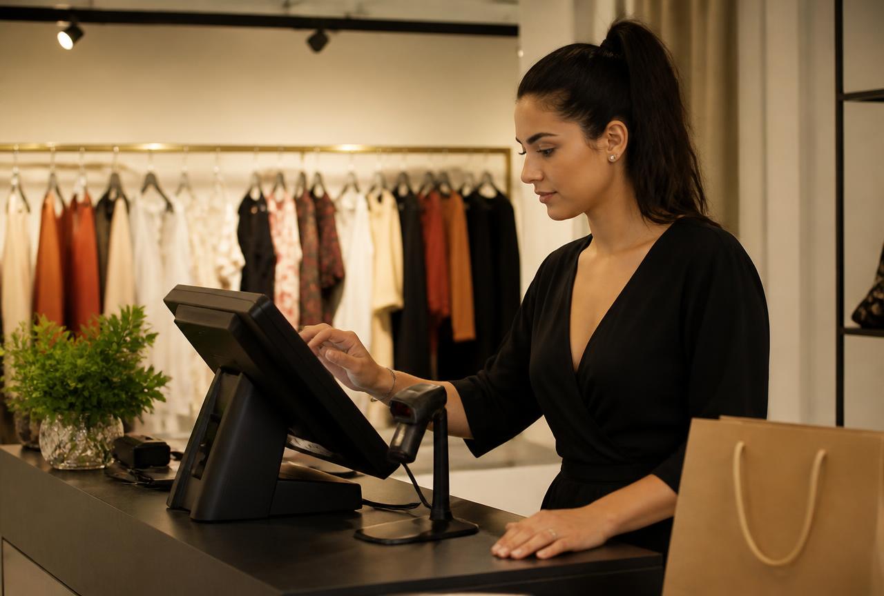 Vendedora registrando uma venda no PDV com leitor de código de barras em loja de moda
