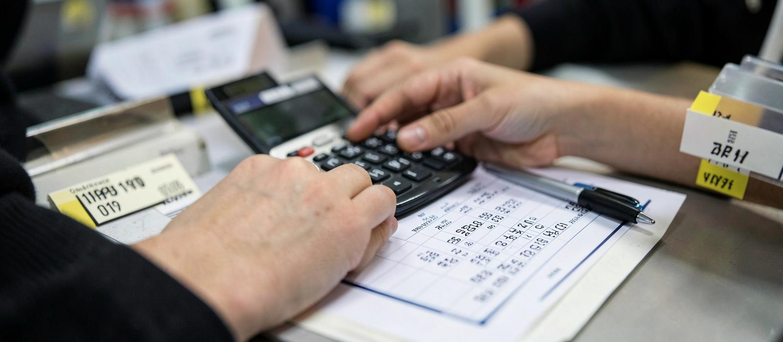 Mãos calculando preço com calculadora sobre planilha impressa ao lado de etiquetas de preço no balcão da loja