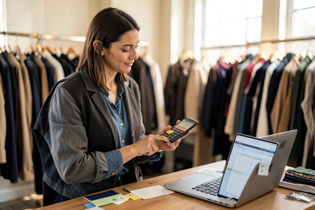 Gerente de loja de moda calculando o preço de venda com calculadora e planilha ao lado das araras