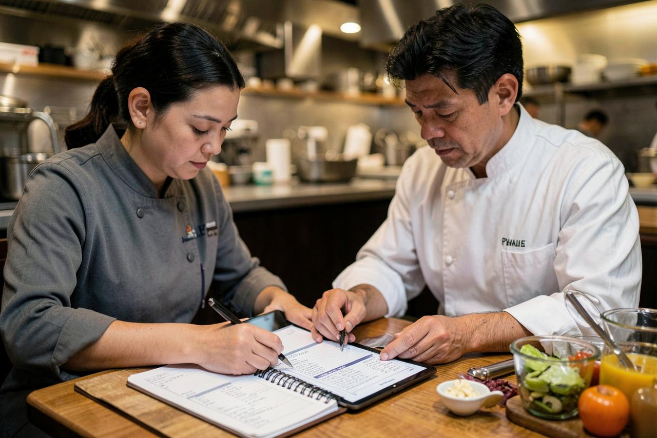Chef e proprietária de restaurante calculando o custo da ficha técnica de um prato na cozinha