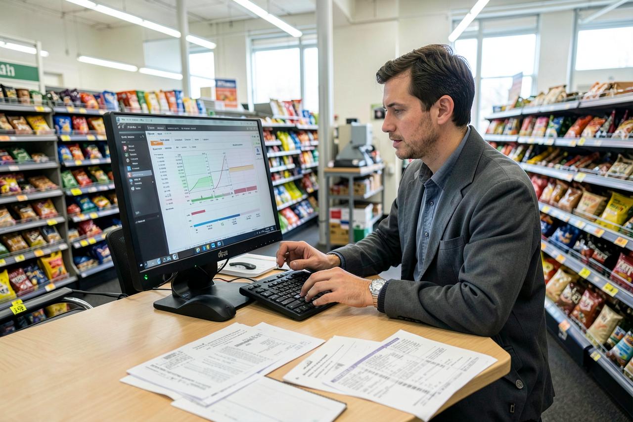 Gestor de supermercado analisando relatório de margem no computador do escritório da loja